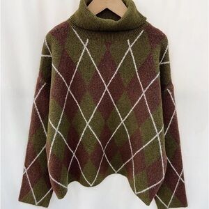 Cozy Olive and Brown Argyle Turtleneck Sweater